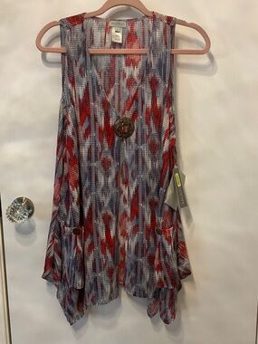 Multiples Red and Blue Sleeveless Knit Duster with Button Accent NWT Size M